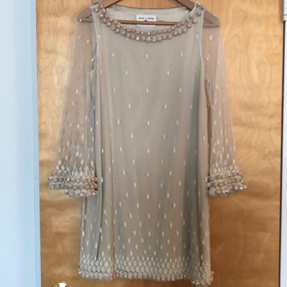 Embroidered mesh dress with sequin Pom poms - Picture 2 of 6